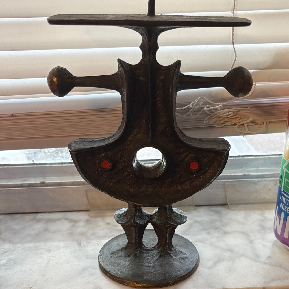 Abstract Metal Sculpture with Red Accents